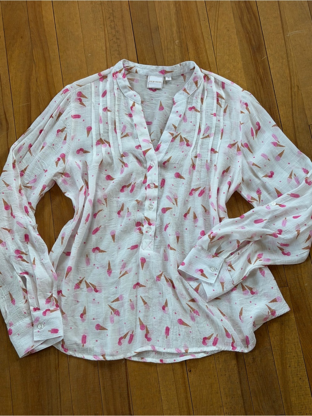 Zac & Rachel White Button-Down Blouse with Pink Floral Accents Cotton